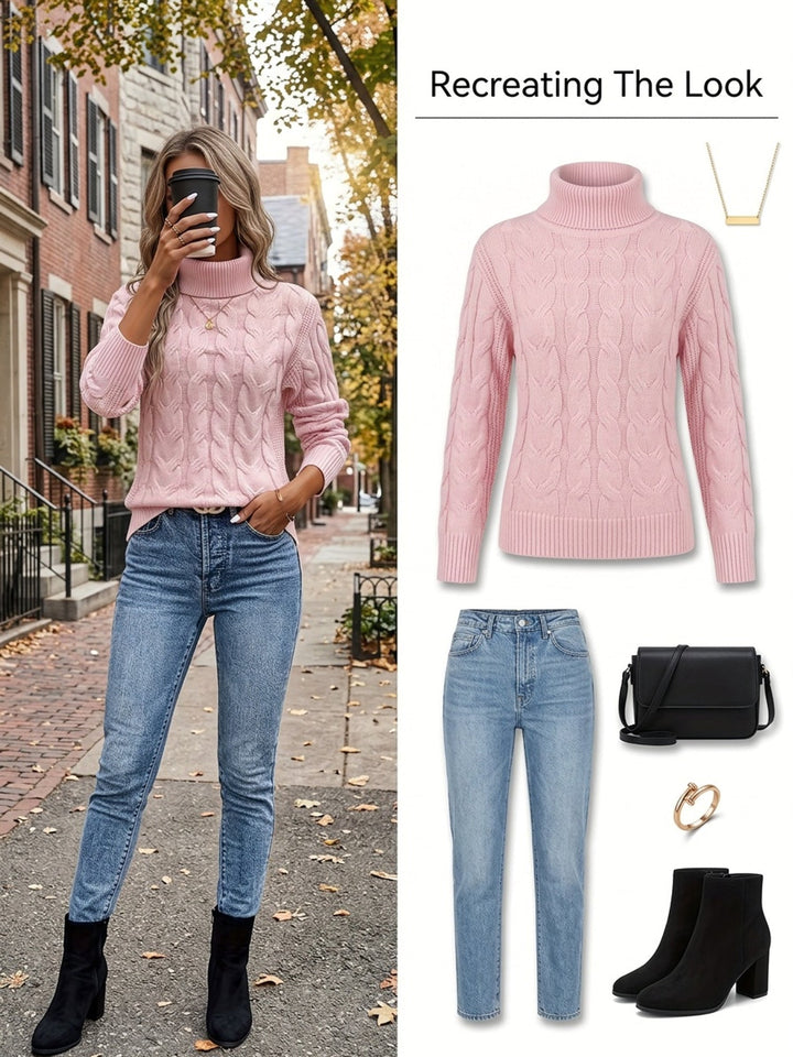 Pullover donna caldo e comodo, con collo alto e trecce. Perfetto per il freddo.