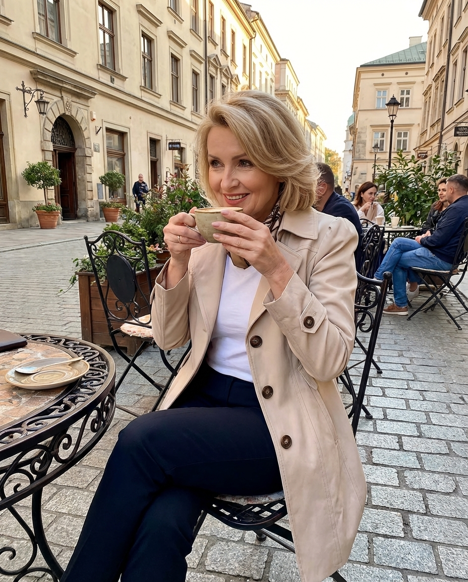 Cappotto lungo vintage da donna, elegante e chic, con bottoni, ideale per la mezza stagione.