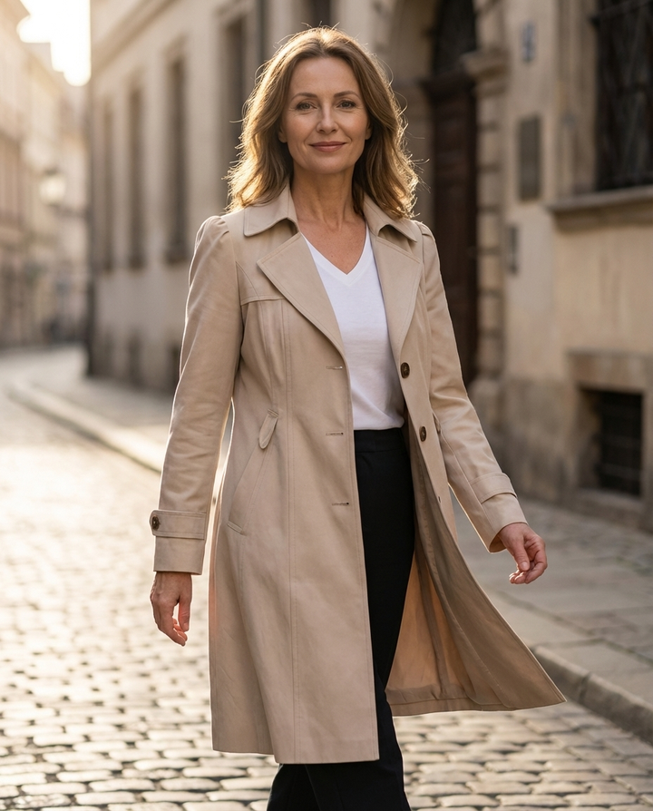 Vintage cappotto lungo da donna, bottoni classici, perfetto per un outfit elegante e raffinato.
