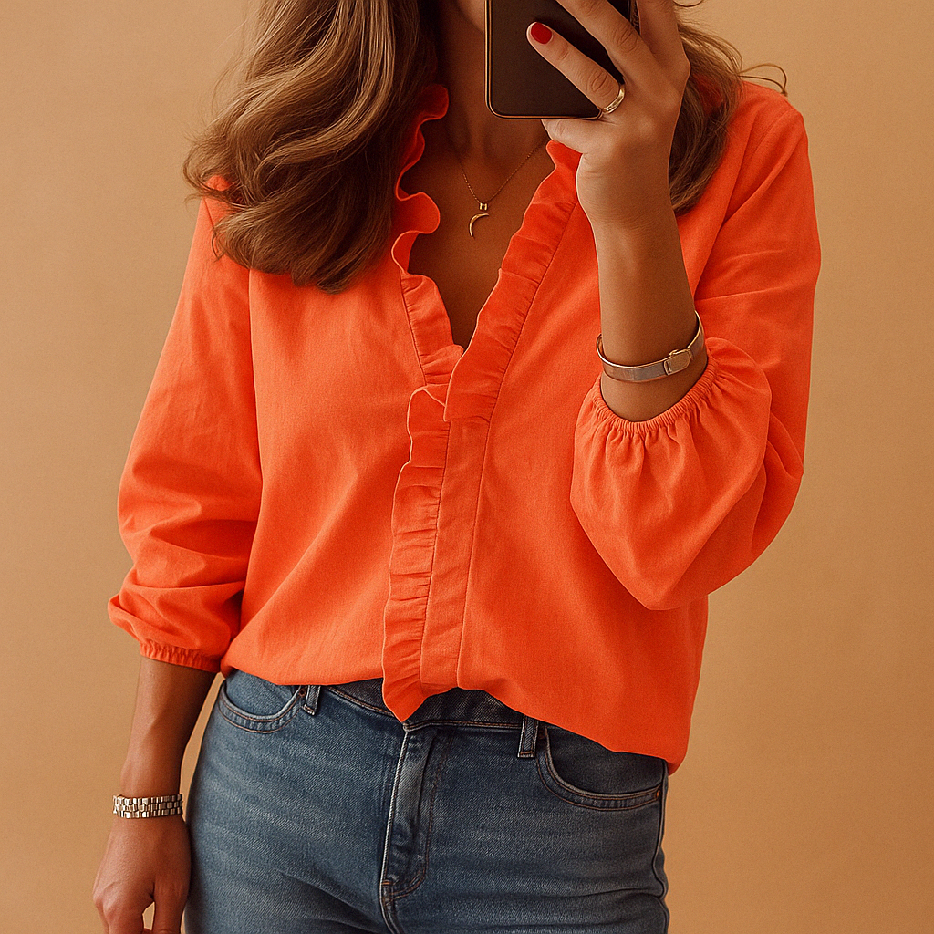 Camicetta elegante da donna con volant, maniche lunghe e scollo a V, perfetta per un look casual chic o ufficio.
