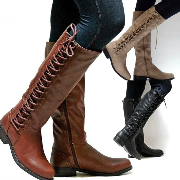 Stivali alti donna con lacci, design classico ed elegante. Offrono comfort per ogni passo. Calzature autunno/inverno.
