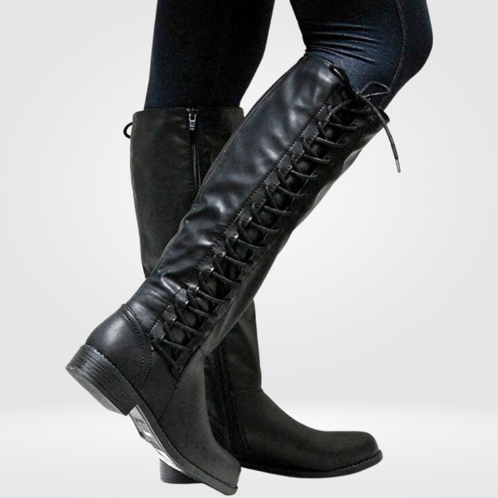 Stivali alti donna eleganti con lacci, ideali per comfort e stile in autunno/inverno. Calzature al ginocchio.