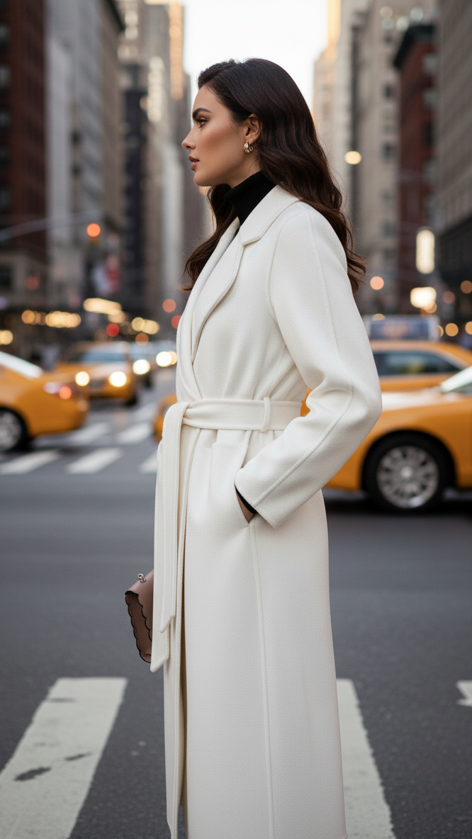 Elegante cappotto donna avvolgente con cintura, perfetto per l'inverno, stile classico chic.