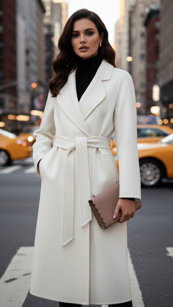 Cappotto donna elegante invernale con cintura, stile classico avvolgente chic.