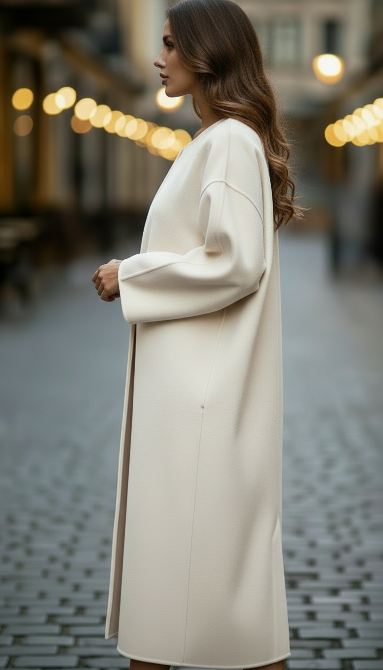 Cappotto donna oversize bianco lungo, caldo ed elegante per l'inverno. Perfetto per un look raffinato con vestibilità morbida.