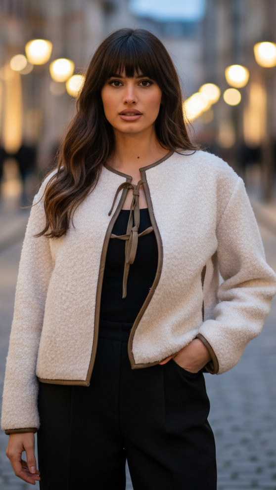 Giacca corta donna beige testurizzata con nodo frontale, stile chic e versatile per primavera/autunno.