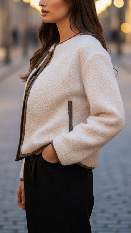 Giacca cropped donna beige con nodo frontale, texture raffinata. Un capo versatile e leggero per la primavera.