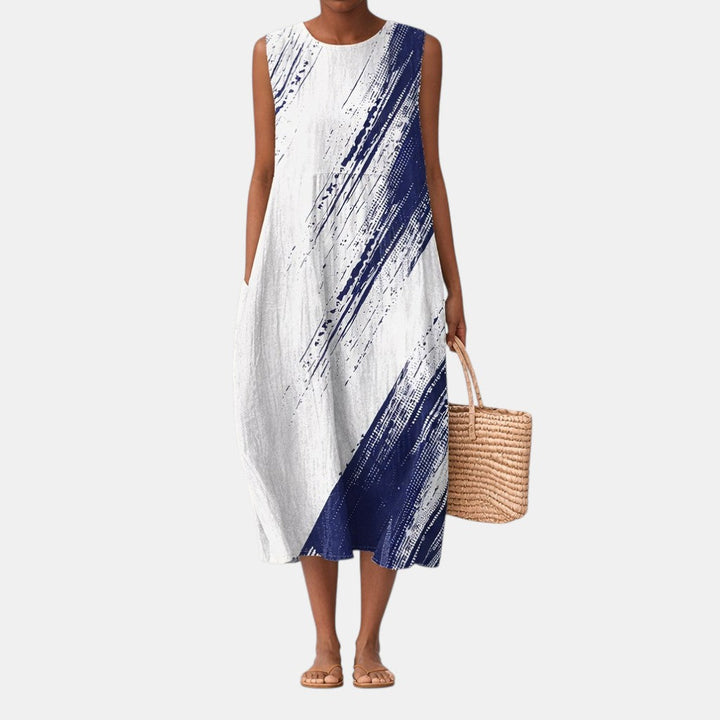 Vestito midi estivo casual da donna blu con stampa astratta, senza maniche, comodo e versatile per il giorno.