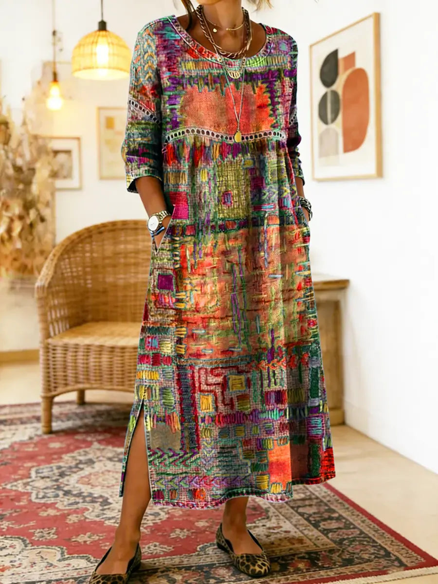 Abito midi elegante-casual da donna, motivo patchwork e spacchi. Versatile per l'estate e abbigliamento femminile.