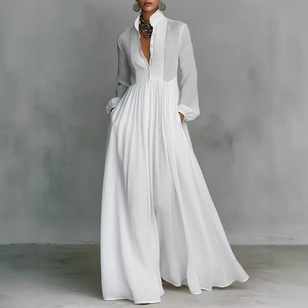 Elegante abito lungo plissettato da donna con manica lunga per cerimonie e invitata matrimonio.