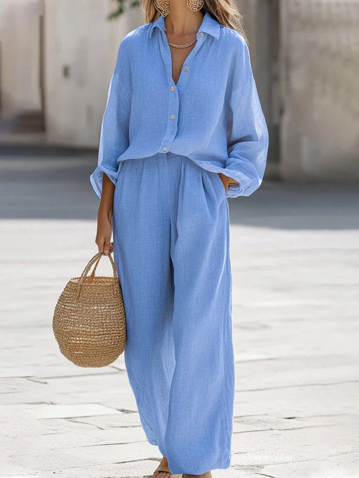 Completo coordinato donna con camicia ampia e pantaloni a palazzo, perfetto per un outfit estivo casual chic.