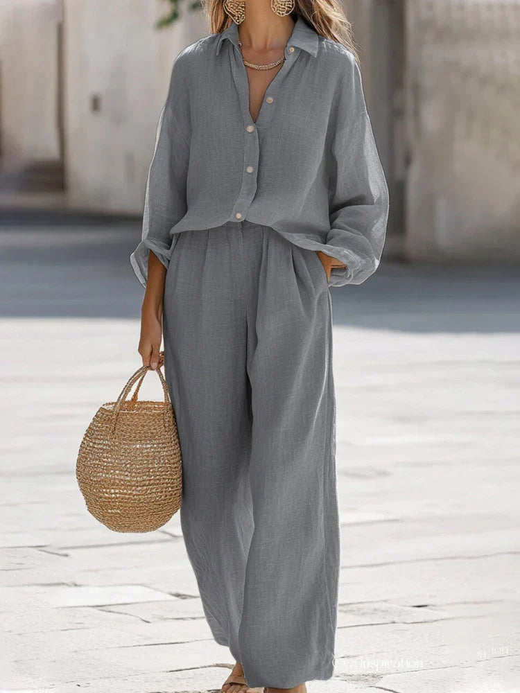 Coordinato donna estivo: camicia e pantaloni ampi fluidi, per un'eleganza casual e un comfort senza pari.
