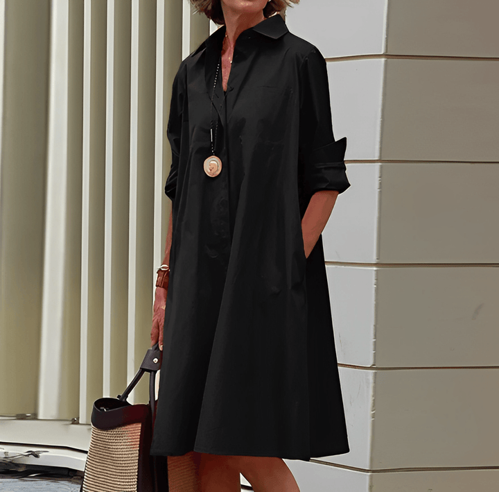 Vestito donna elegante per primavera estate, con colletto risvoltato. Un abito casual chic per ogni occasione.