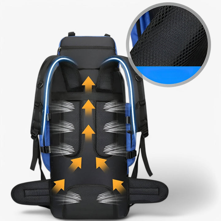 Adulto indossa zaino da trekking unisex 40L in ambiente outdoor, mostrando comfort e versatilità per viaggio.