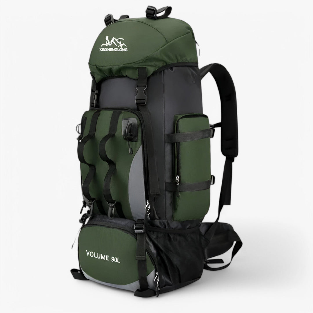 Zaino 40L per trekking ed escursioni, unisex, ampia capacità per attrezzatura outdoor e viaggi, colore verde.