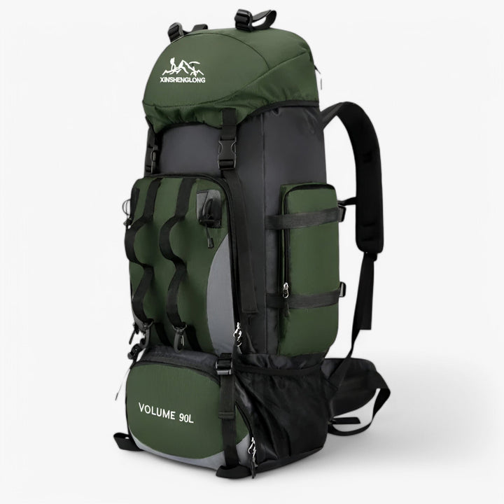 Zaino 40L per trekking ed escursioni, unisex, ampia capacità per attrezzatura outdoor e viaggi, colore verde.