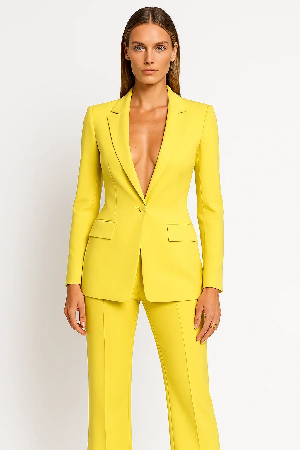Blazer donna elegante abbinato a pantaloni, tailleur set moda ufficio, stile business chic.