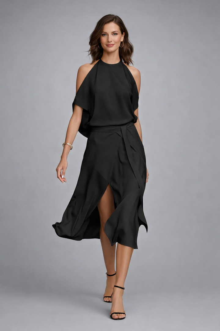 Vestito midi donna elasticizzato, design con spalle scoperte e taglio asimmetrico. Disponibile in vari colori.