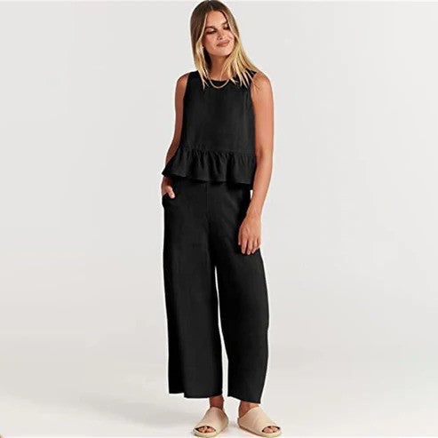 Set donna casual due pezzi estivo, completo senza maniche. Perfetto per la primavera estate, moda comoda e trendy.