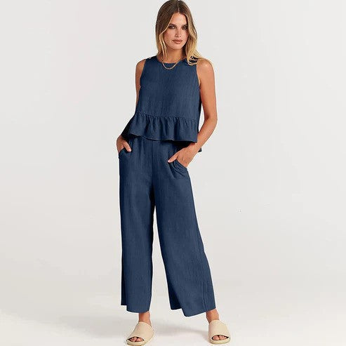 Set donna estivo senza maniche, due pezzi casual chic. Perfetto per la primavera estate, comodo e versatile.