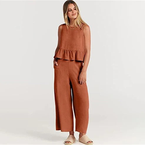 Set donna estivo due pezzi senza maniche, completo casual per primavera estate. Look confortevole e alla moda.
