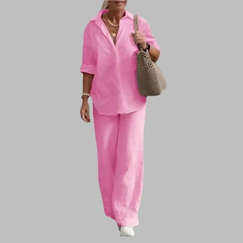 Set due pezzi estivo da donna con vestibilità ampia, ideale per la moda mare e outfit casual.