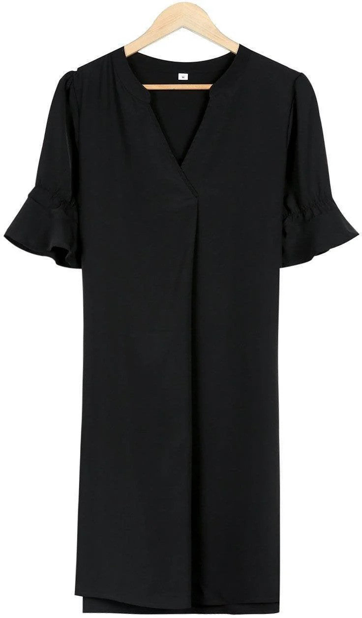 Elegante abito donna nero midi, taglio shift. Vestito autunnale versatile e classico, perfetto per moda donna chic.