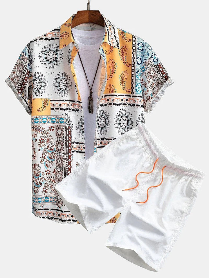 Uomo, set estivo casual: maglietta leggera e pantaloncini per spiaggia, piscina. Look coordinato perfetto per vacanze.