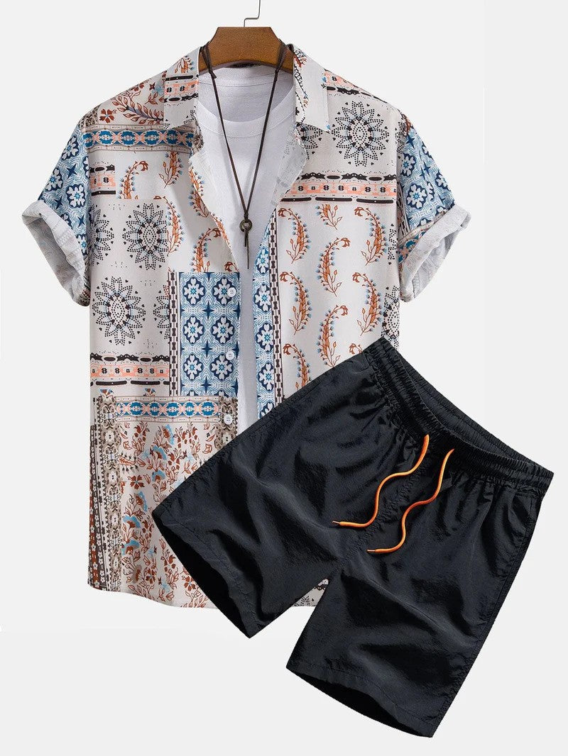 Set estivo uomo coordinato: maglietta stampata e pantaloncini da bagno per spiaggia, piscina, vacanze. Abbigliamento casual.