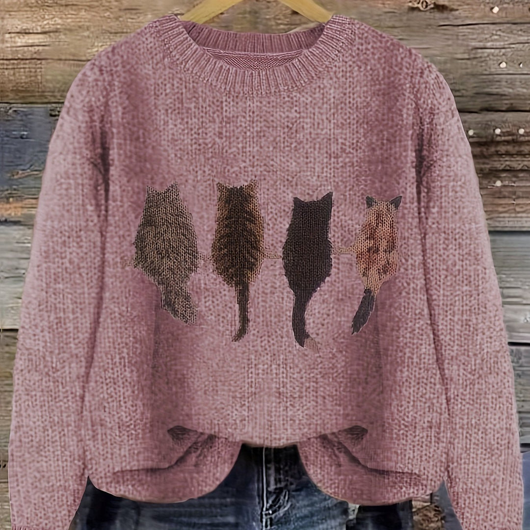 Maglione blu con gatti, oversize donna. Girocollo per un inverno caldo e casual chic.