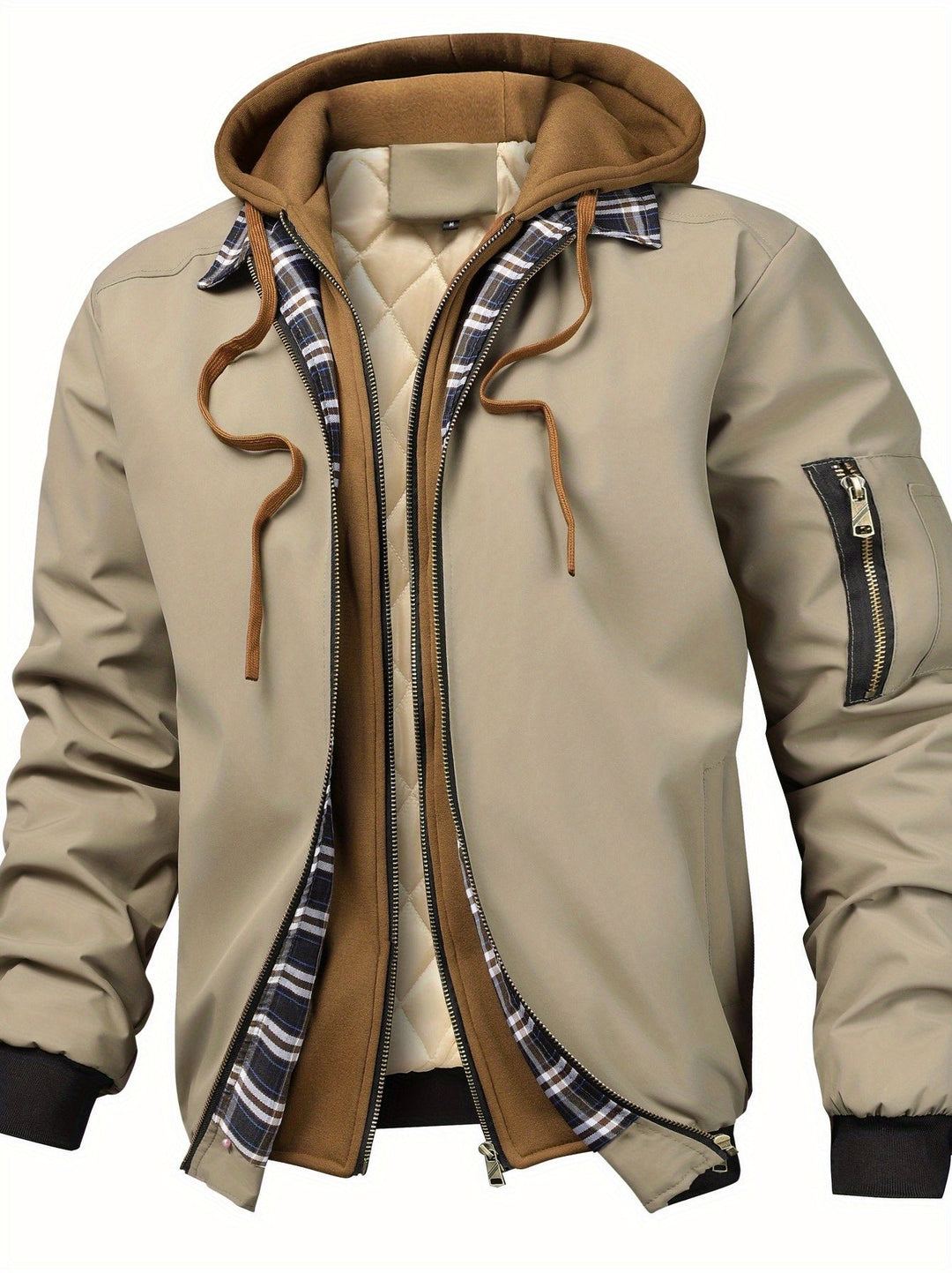 Elegante giacca bomber uomo trapuntata, colore beige, con cappuccio. Perfetta per il look autunnale casual.