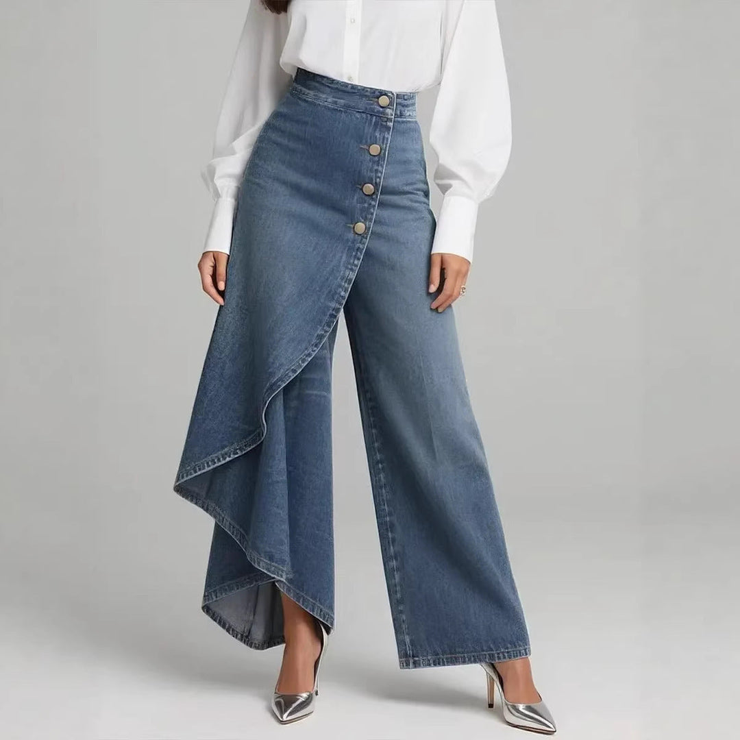Pantaloni donna eleganti e versatili, a gamba dritta, effetto denim, con bottoni, per outfit moderni.