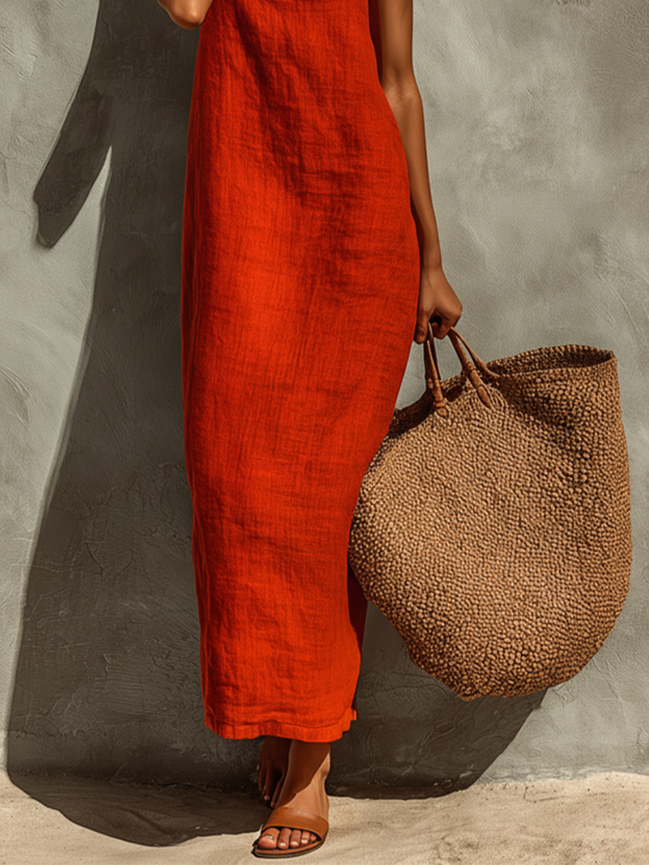 Abito da donna in lino rosso, stile boho chic con spalline sottili. Ideale per l'estate e vacanze.