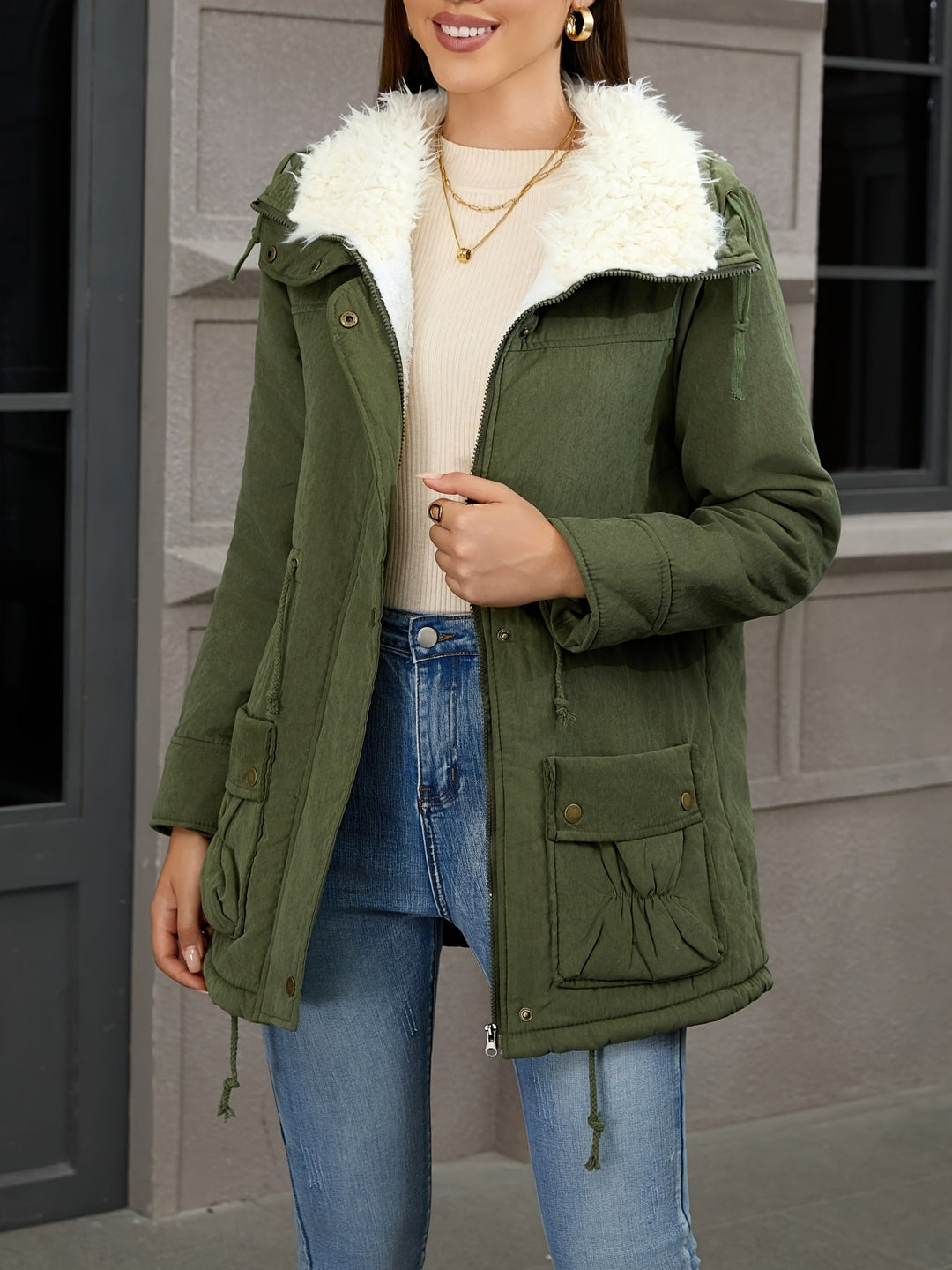 Parka lungo donna verde scuro, collo borg. Vita regolabile per un fit perfetto. Cappotto invernale trendy.