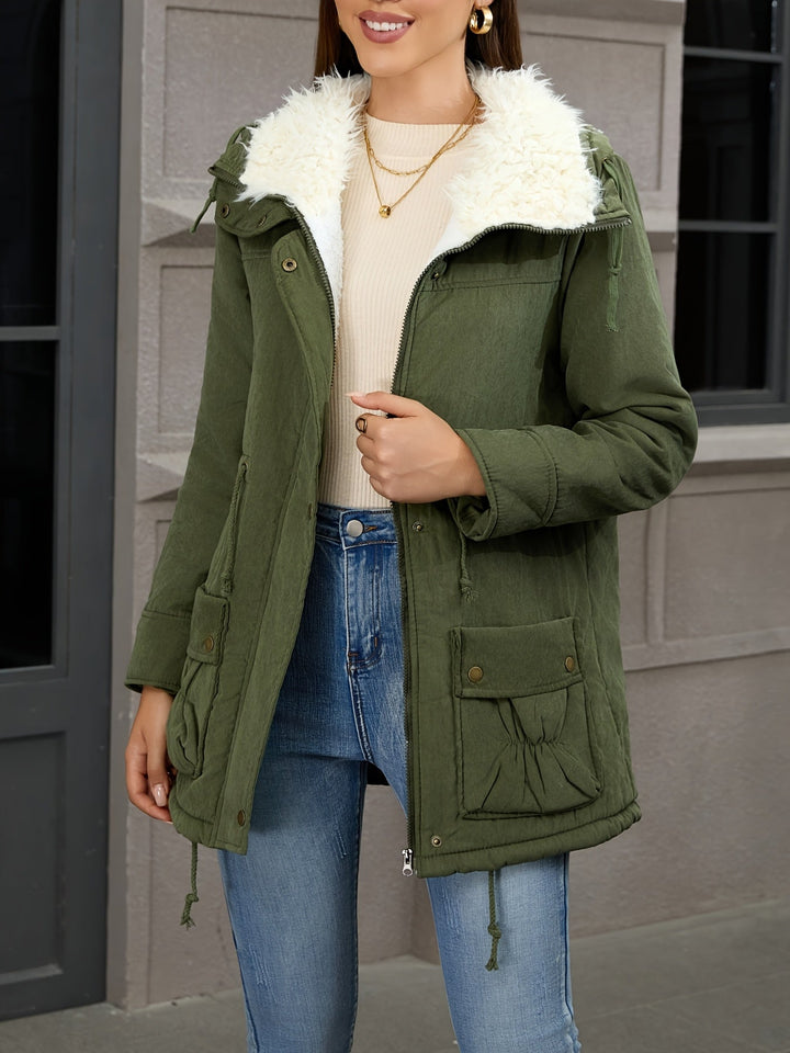 Parka lungo donna verde scuro, collo borg. Vita regolabile per un fit perfetto. Cappotto invernale trendy.