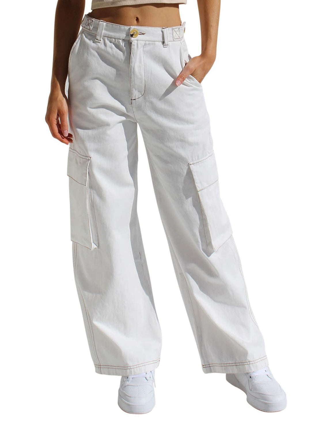 Comodi pantaloni donna a vita bassa, stile ampio workwear, perfetti per un outfit casual quotidiano e pratico.