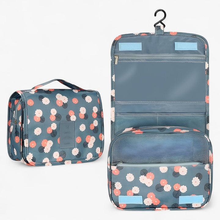 Beauty case da viaggio floreale per donna, organizer multiscomparto pieghevole, perfetto per cosmetici e prodotti toilette.