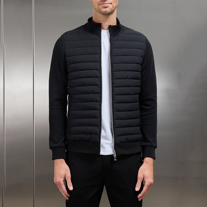 Giacca leggera da uomo blu navy con collo alto, trapuntata, ideale per autunno e primavera, stile casual.