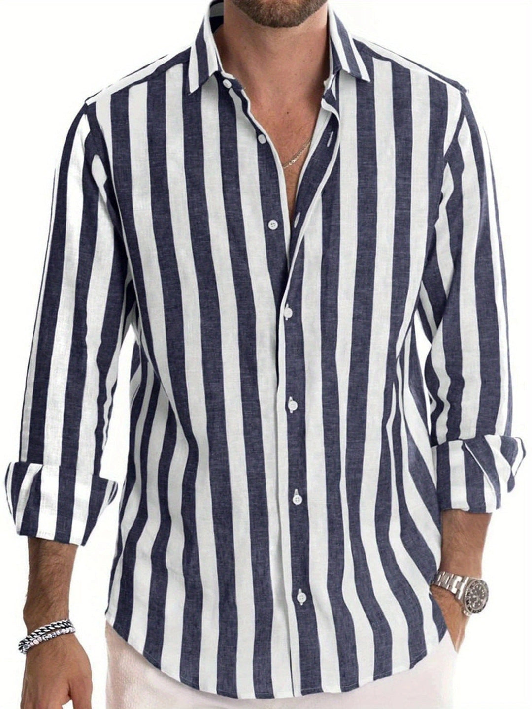 Camicia a righe uomo elegante, manica lunga, perfetta per l'ufficio o serate smart casual.