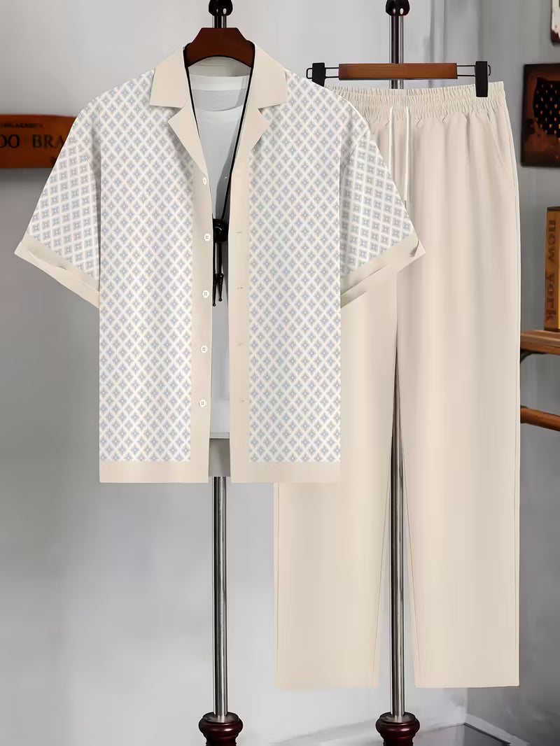 Set due pezzi uomo estivo geometrico, design moderno e tessuto traspirante per il comfort.