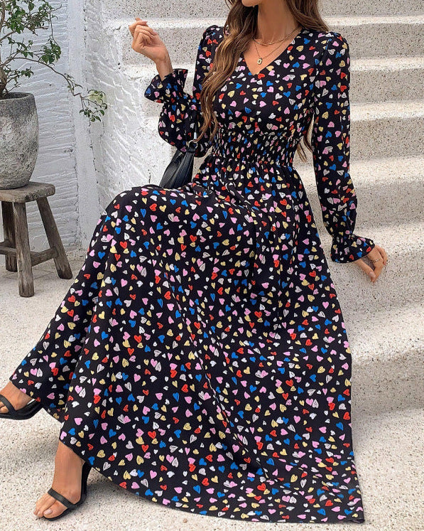 Abito autunnale donna stampato con scollo a V e maniche lunghe, stile casual elegante.