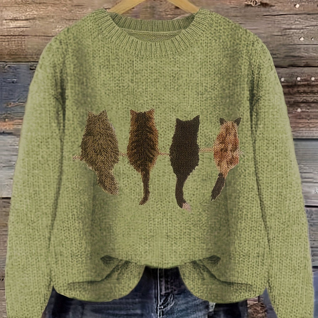 Maglione casual donna verde matcha, oversize, con gatti. Morbido e caldo girocollo.