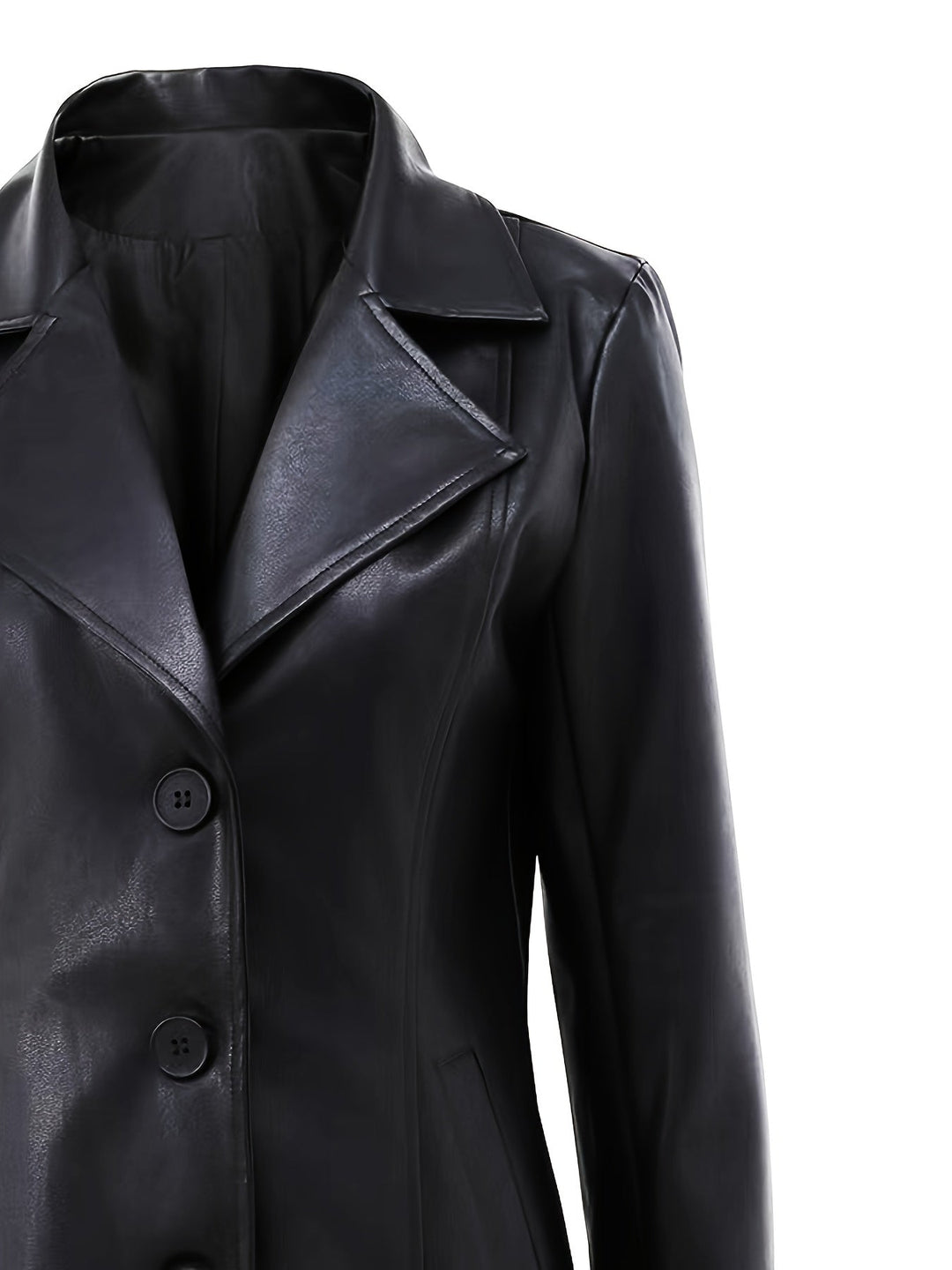Texture: cappotto nero sfiancato midi da donna con revers, tessuto liscio e raffinato. Moda elegante.