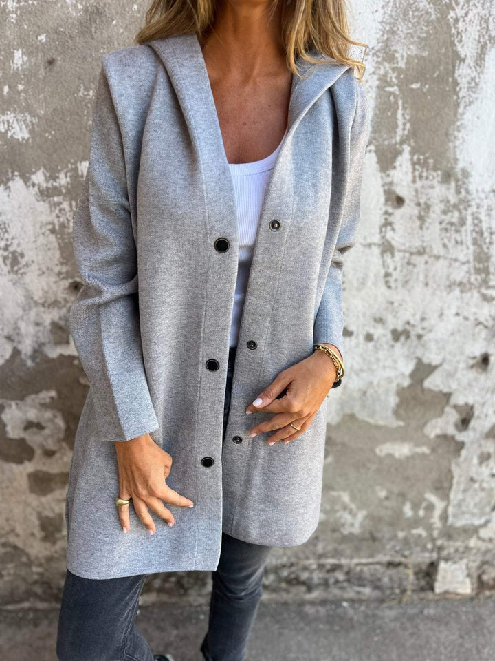 Cardigan casual donna in maglia con cappuccio, ideale per l'autunno inverno.