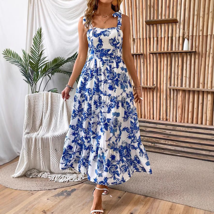 Abito midi estivo da donna stampato elegante con spalline sottili, perfetto per casual e vacanze.