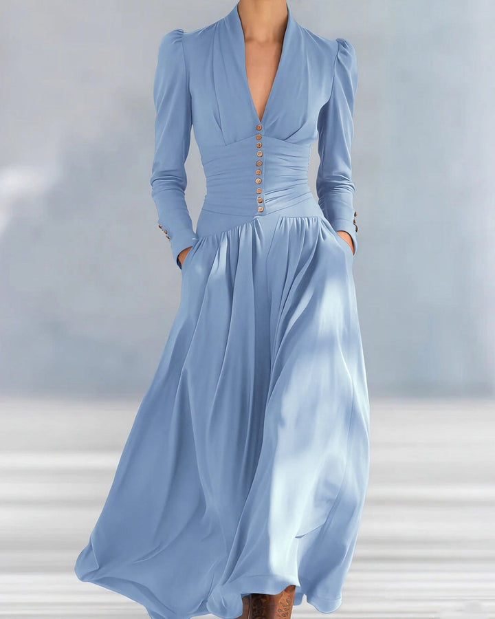 Elegante abito midi autunnale da donna, aderente e plissettato. Vestito a vita alta tinta unita per look casual chic.