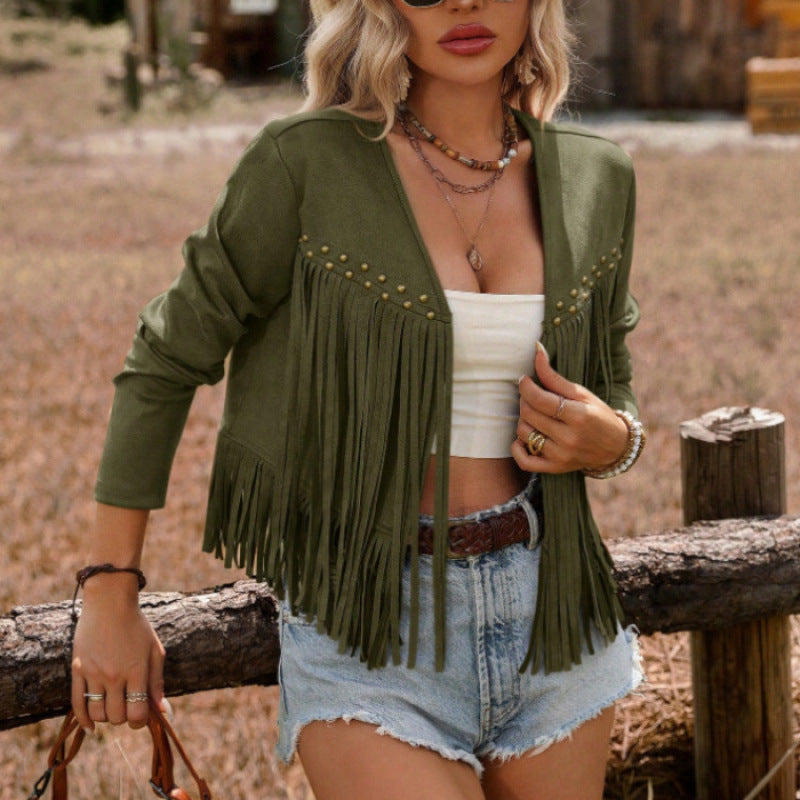 Giacca donna retrò etnica con frange. Capospalla casual versatile per primavera e autunno alla moda.