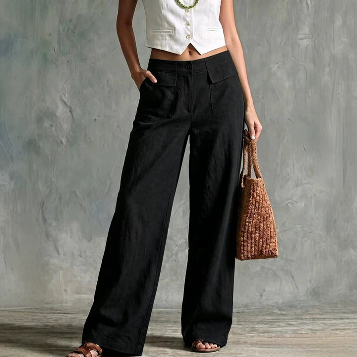 Pantaloni donna a vita alta con vita elastica e gamba larga, confortevoli per ogni occasione.