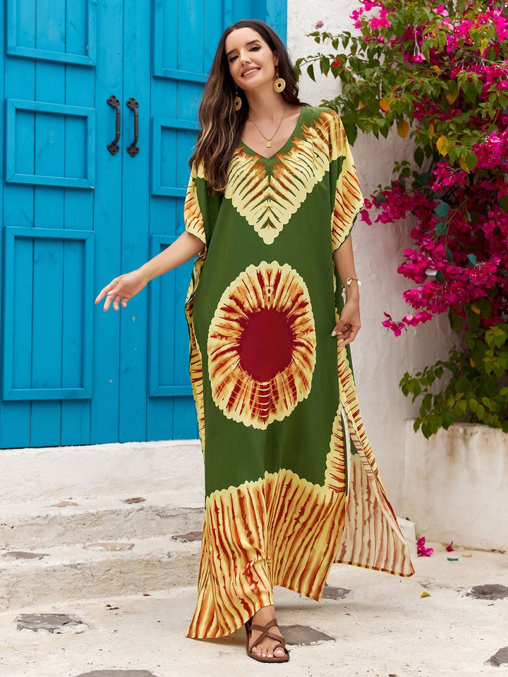 Vestito da donna lungo, fantasia mare, scollo a V, tessuto leggero, per giorni di sole.