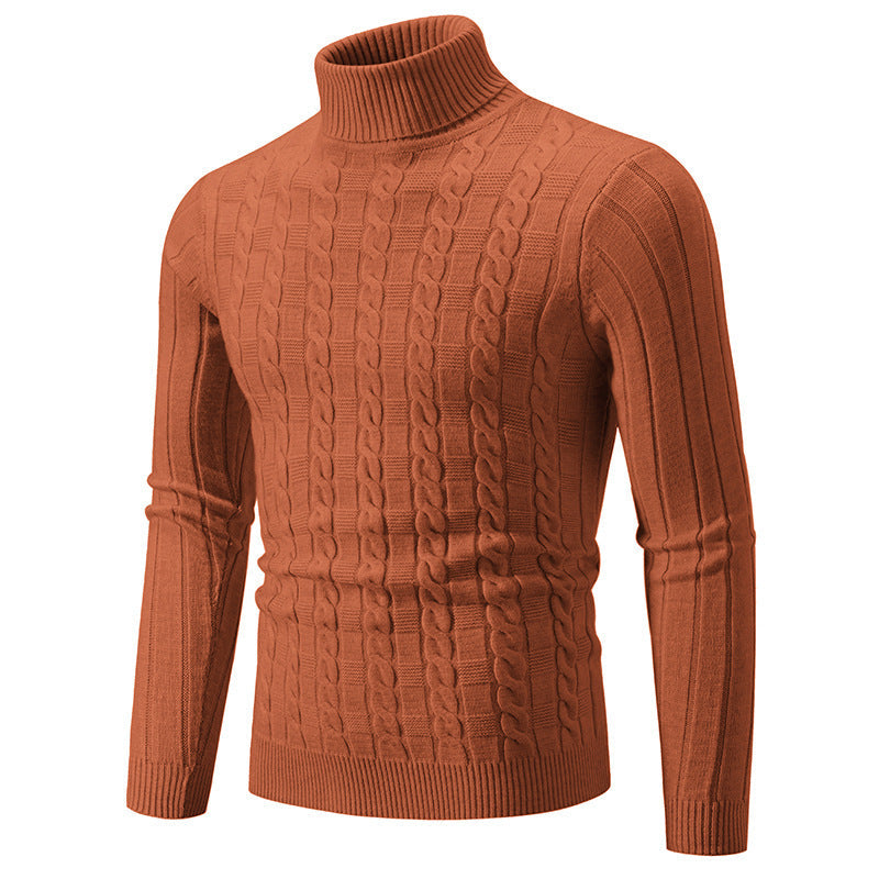 Maglione uomo dolcevita aderente con elegante motivo a treccia. Caldo e di tendenza per l'inverno, stile casual chic.